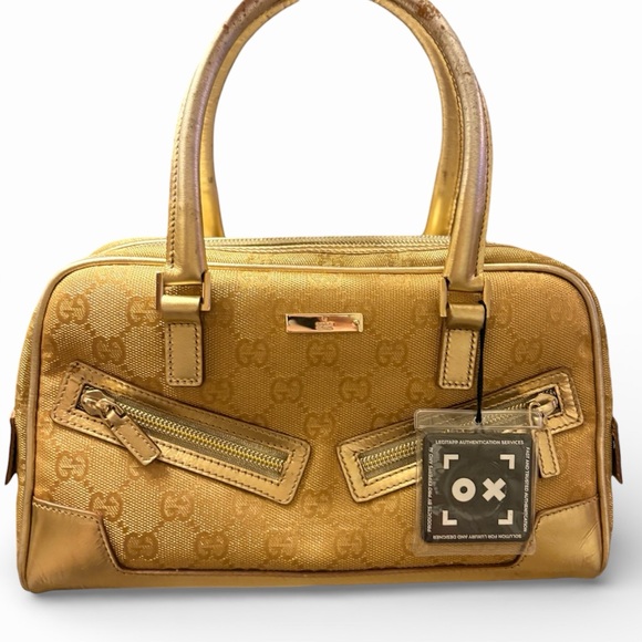 Gucci Handbags - 1 TIME ONLY GUCCI RARE Vintage Metallic Gold GG Canvas Bowler Bag Satchel + COA